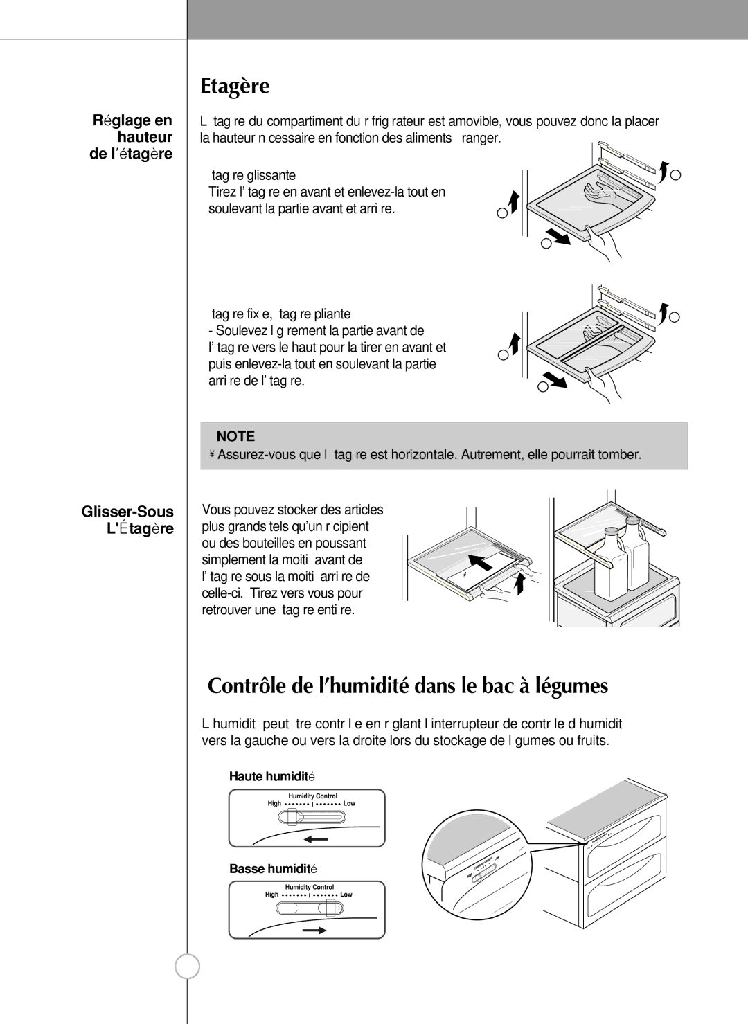 LG Electronics LSC 27950ST Etagère, Contrôle de l’humidité dans le bac à légumes, De l’étagère, Glisser-Sous LÉtagère 