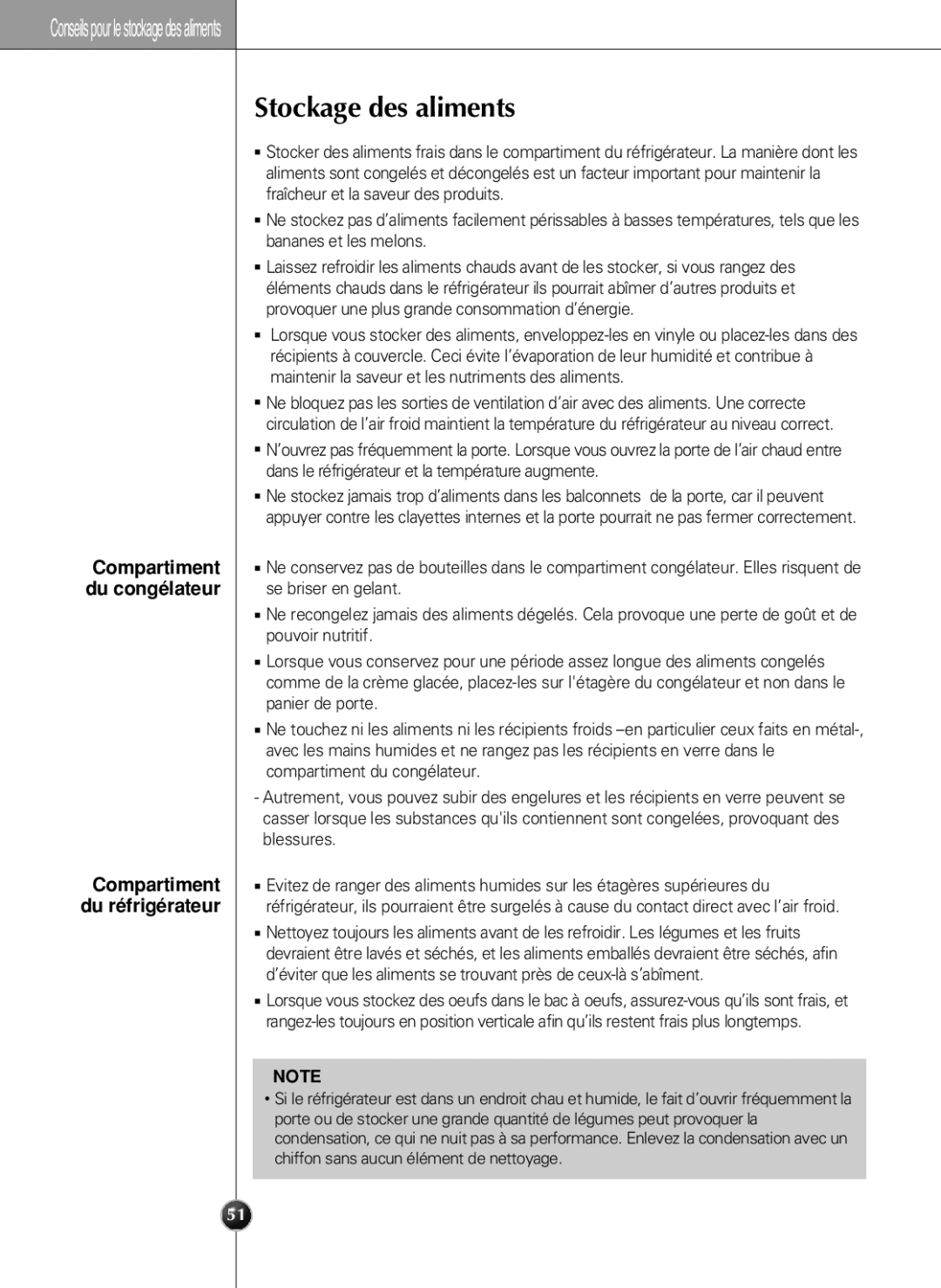 LG Electronics LSC 27960ST, LSC 27950ST, LSC 27950SW, LSC 27950SB manual Stockage des aliments, Compartiment, Du réfrigérateur 