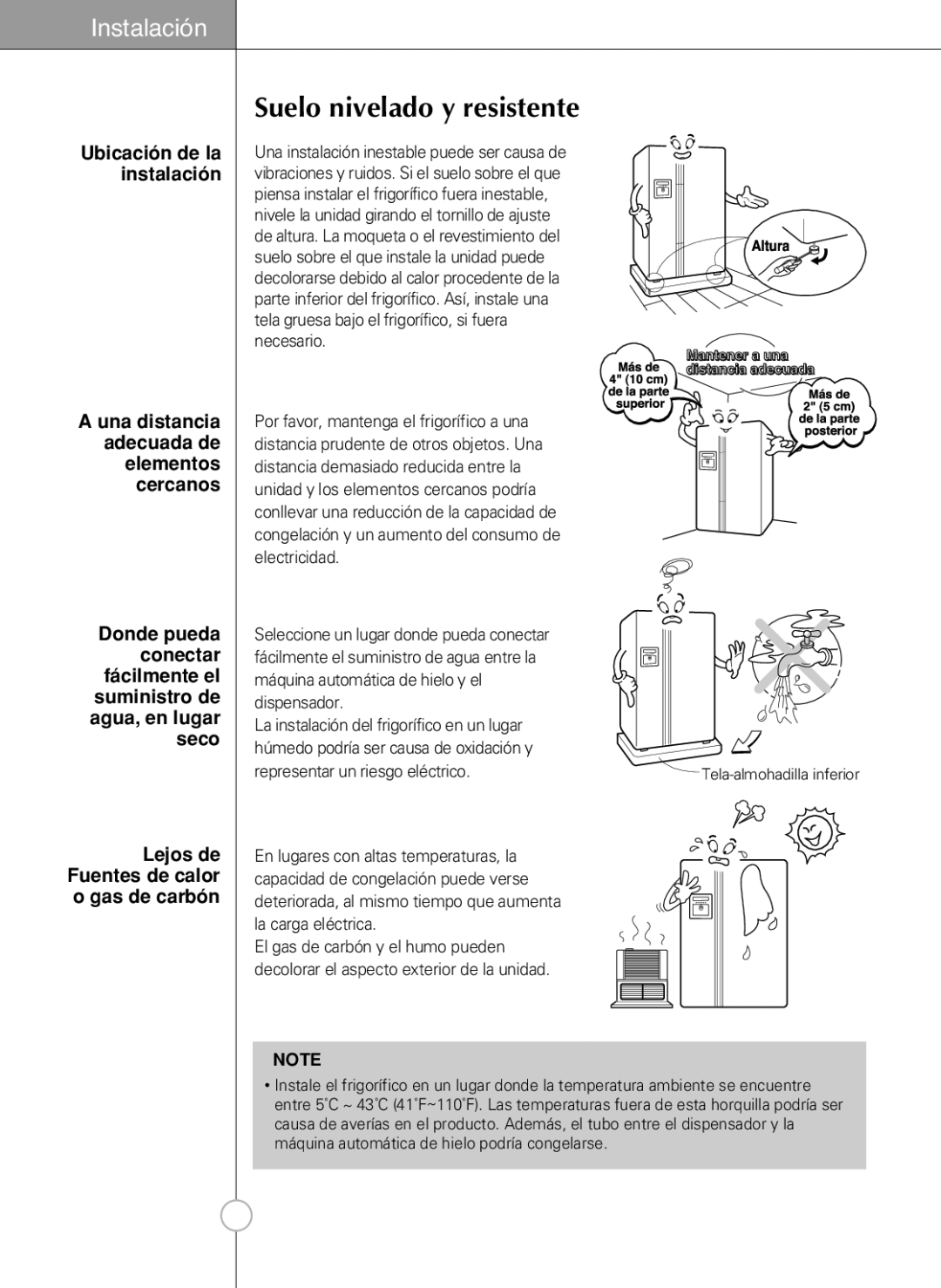 LG Electronics LSC 27950SW, LSC 27950ST manual Suelo nivelado y resistente, Una distancia adecuada de elementos cercanos 