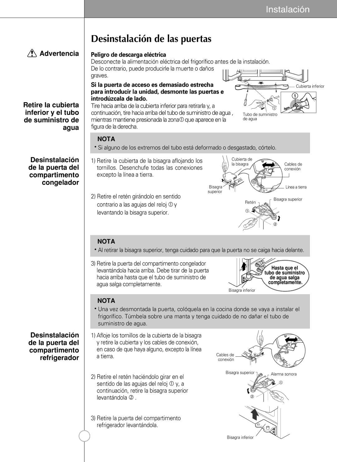 LG Electronics LSC 27950SB, LSC 27950ST manual Desinstalación de las puertas, De la puerta del compartimento congelador 