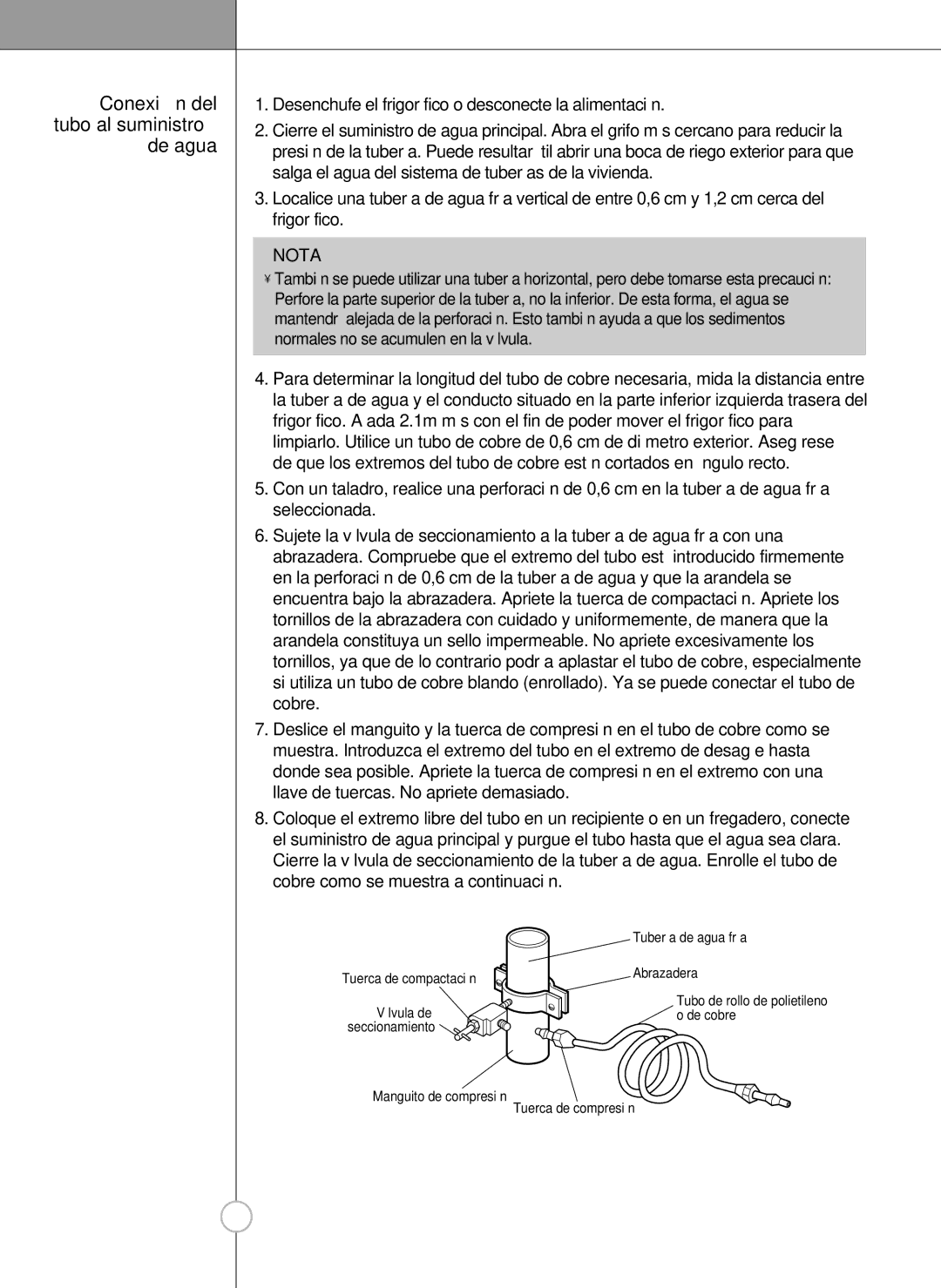 LG Electronics LSC 27950SW, LSC 27950ST, LSC 27950SB, LSC 27960ST manual Aguafría, Conexión del tubo al suministro de agua 