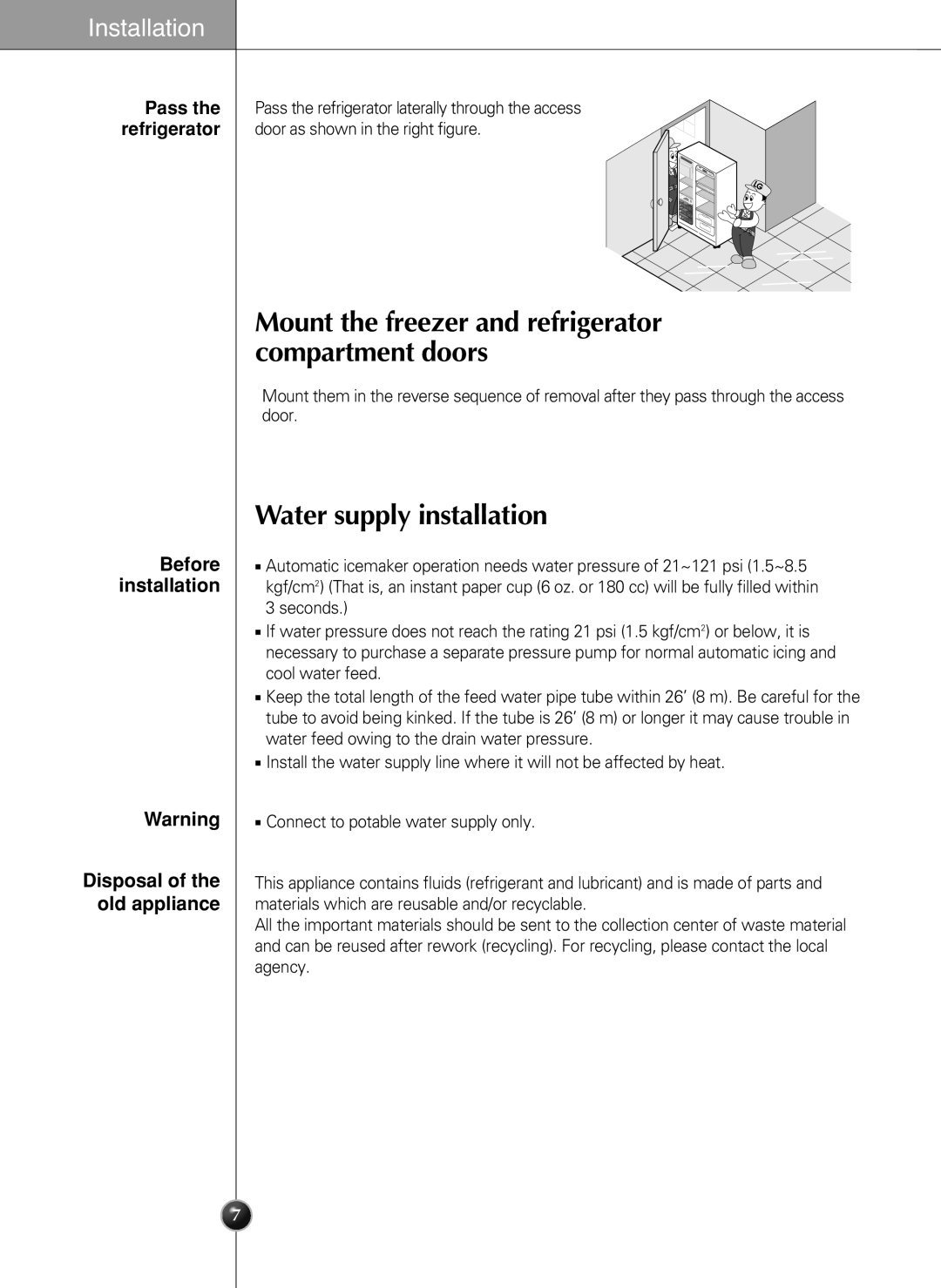 LG Electronics LSC 27960ST, LSC 27950ST manual Water supply installation, Disposal of the old appliance, Before installation 