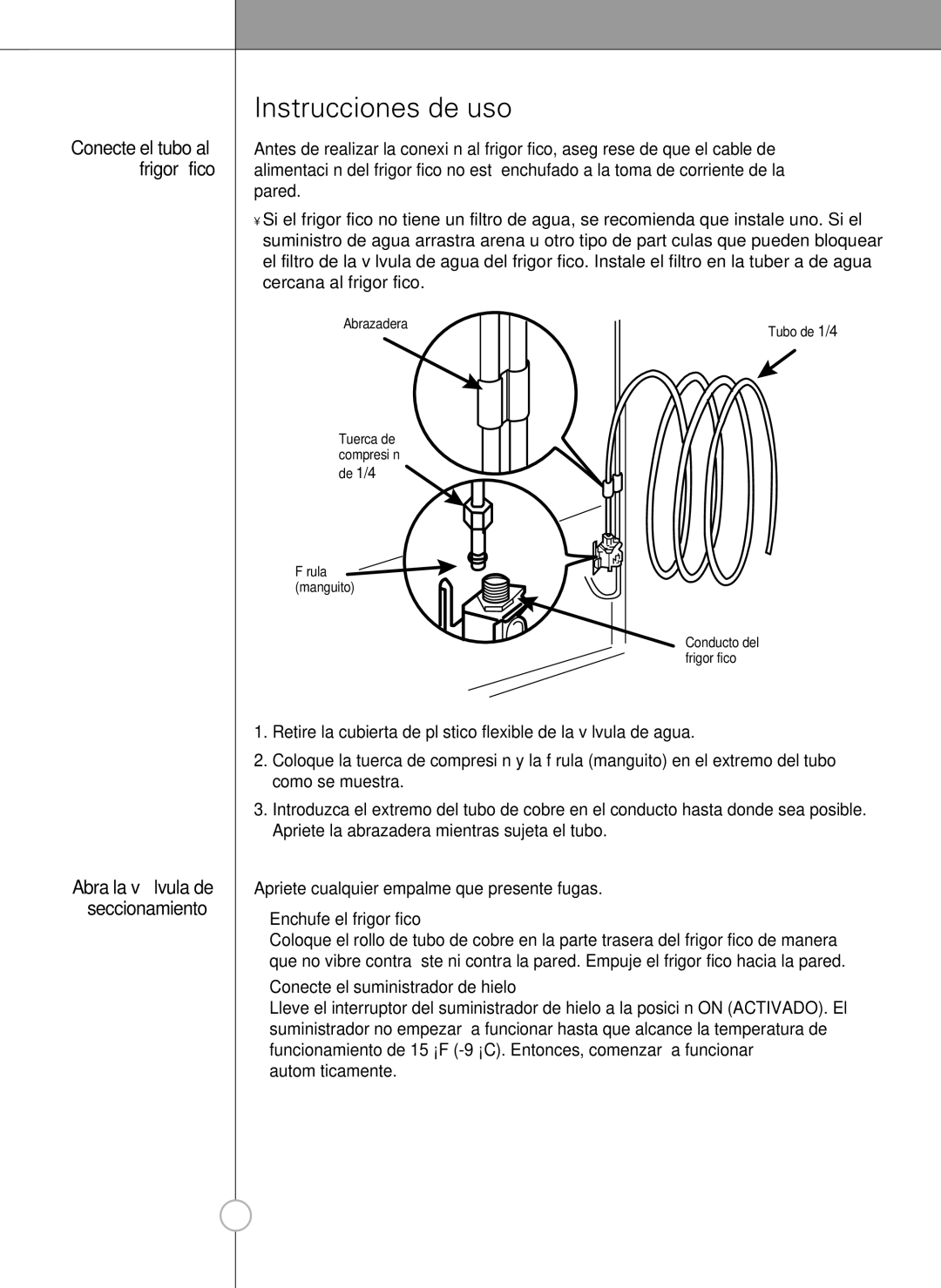 LG Electronics LSC 27950SB, LSC 27950ST manual Instrucciones de uso, Pared, Abrazadera, Conecte el suministrador de hielo 