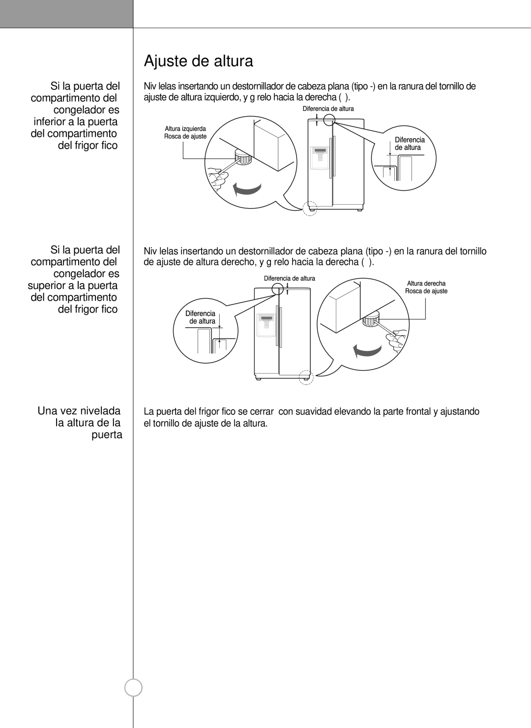 LG Electronics LSC 27960ST, LSC 27950ST, LSC 27950SW, LSC 27950SB Ajuste de altura, Una vez nivelada la altura de la puerta 