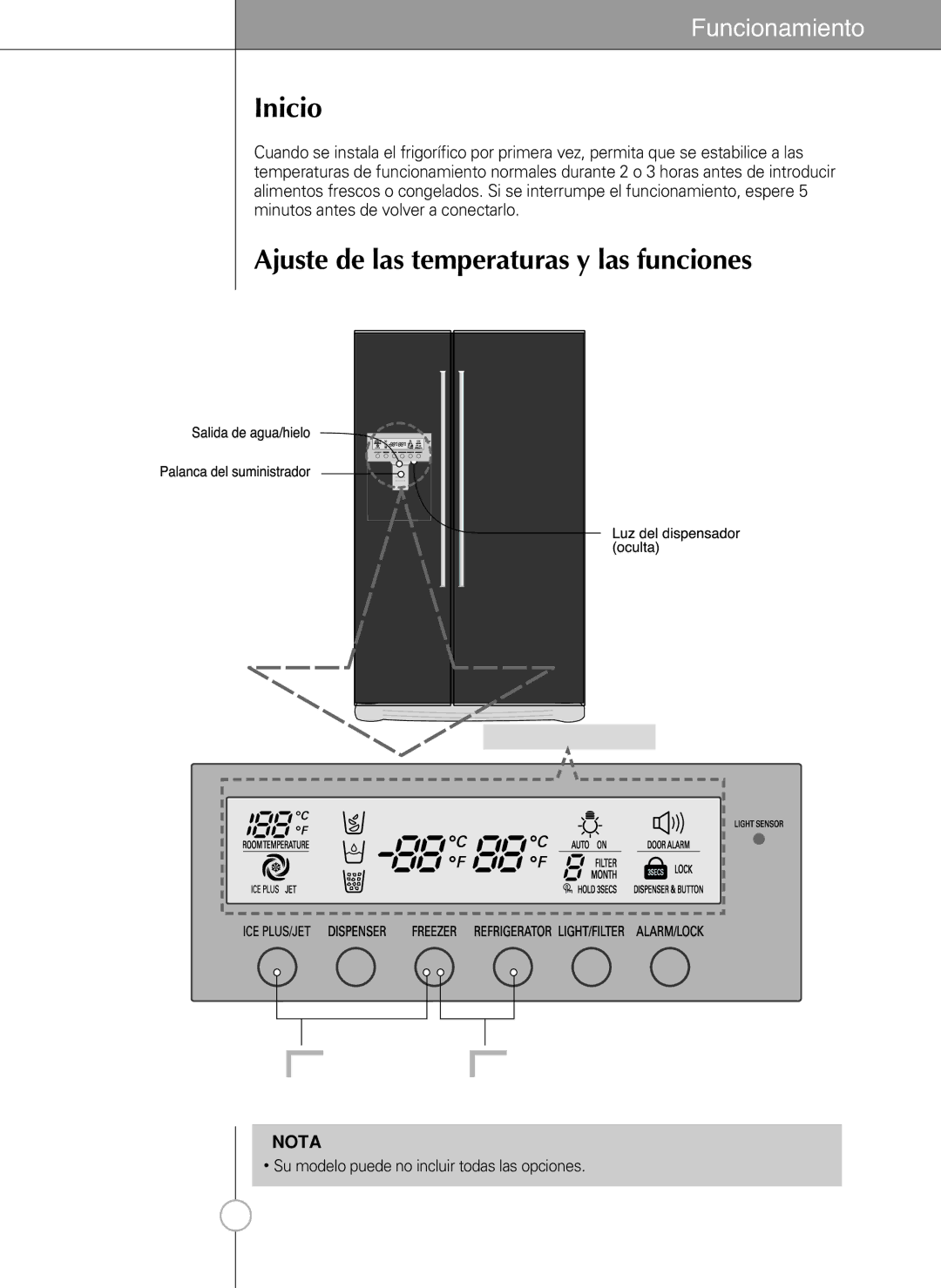 LG Electronics LSC 27950ST, LSC 27950SW, LSC 27950SB, LSC 27960ST manual Inicio, Ajuste de las temperaturas y las funciones 