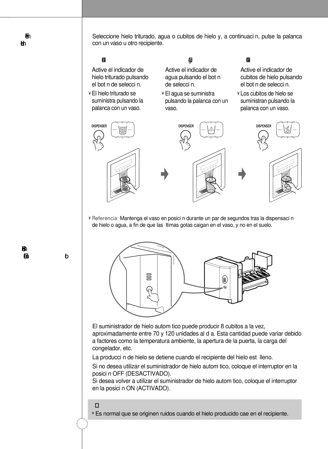 LG Electronics LSC 27950SB manual Funcionamiento del suministrador, Suministrador de hielo automático, Hielo triturado Agua 