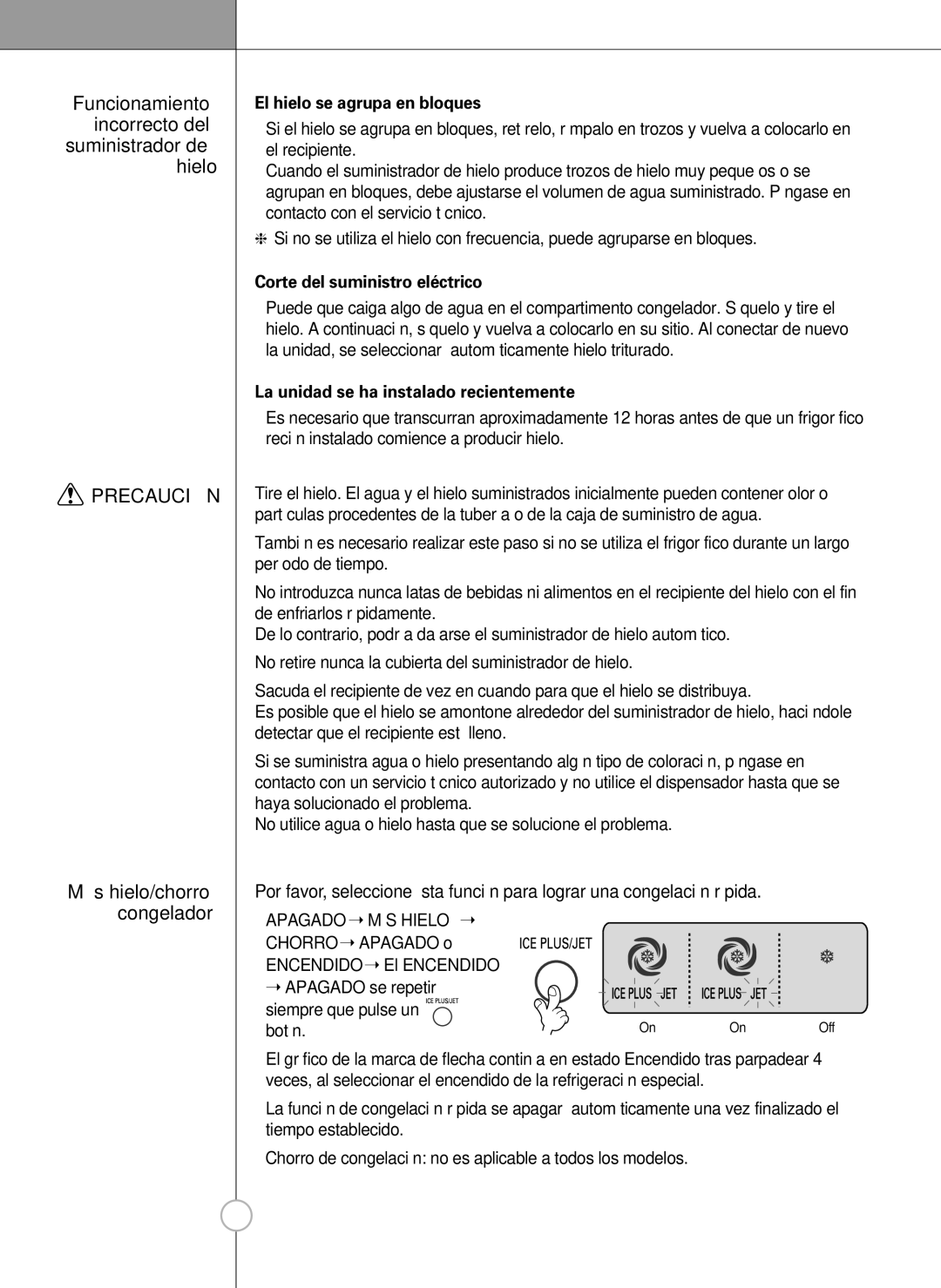 LG Electronics LSC 27960ST manual Funcionamiento incorrecto del suministrador de hielo, El hielo se agrupa en bloques 