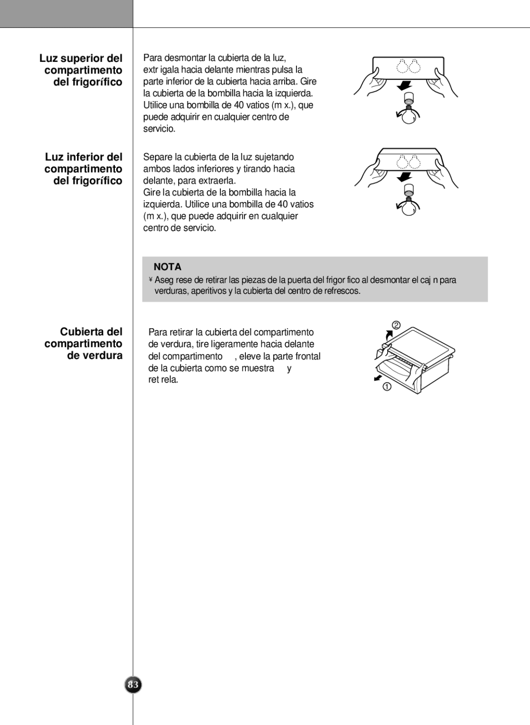 LG Electronics LSC 27960ST, LSC 27950ST, LSC 27950SW, LSC 27950SB manual Cubierta del compartimento de verdura 