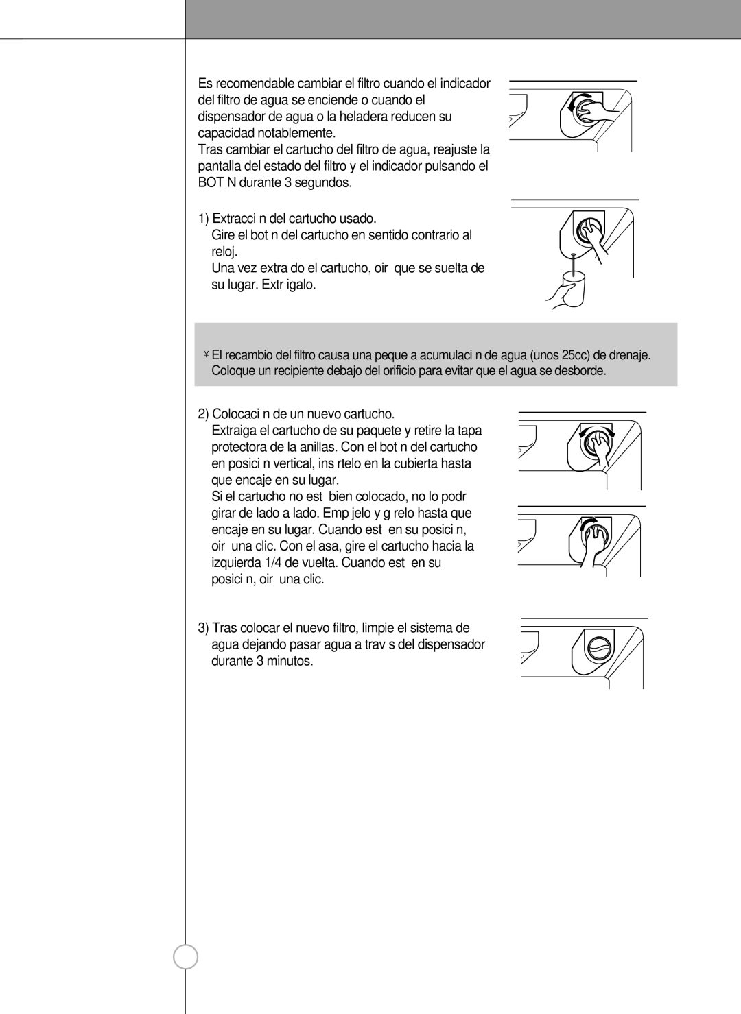 LG Electronics LSC 27950ST, LSC 27950SW, LSC 27950SB, LSC 27960ST manual Cambio del filtro 