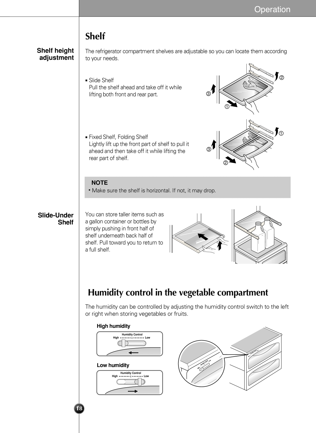 LG Electronics LSC 27950SB manual Humidity control in the vegetable compartment, High, Operation, Slide-Under Shelf 