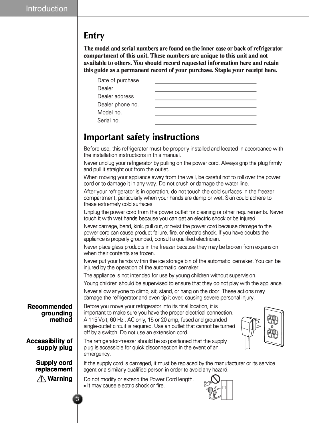 LG Electronics LSC 27960ST, LSC 27950ST manual Entry, Important safety instructions, Introduction, Supply cord replacement 