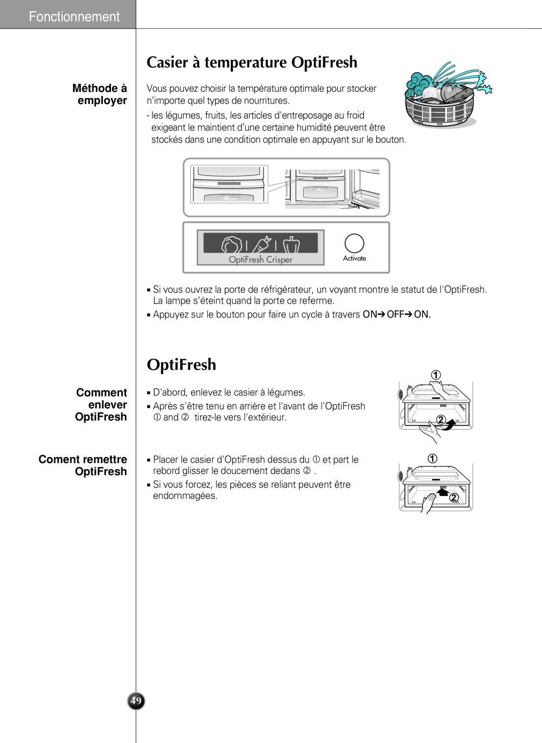 LG Electronics LSC 27950SW, LSC 27950ST manual Casier à temperature OptiFresh, Comment enlever OptiFresh, Fonctionnement 