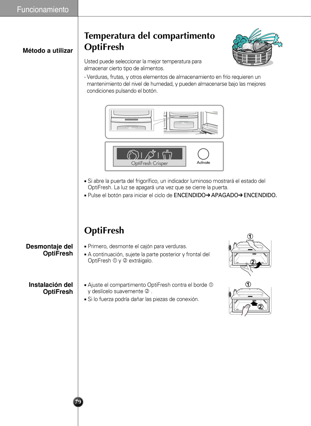 LG Electronics LSC 27960ST manual Temperatura del compartimento, Método a utilizar OptiFresh, Instalación del OptiFresh 