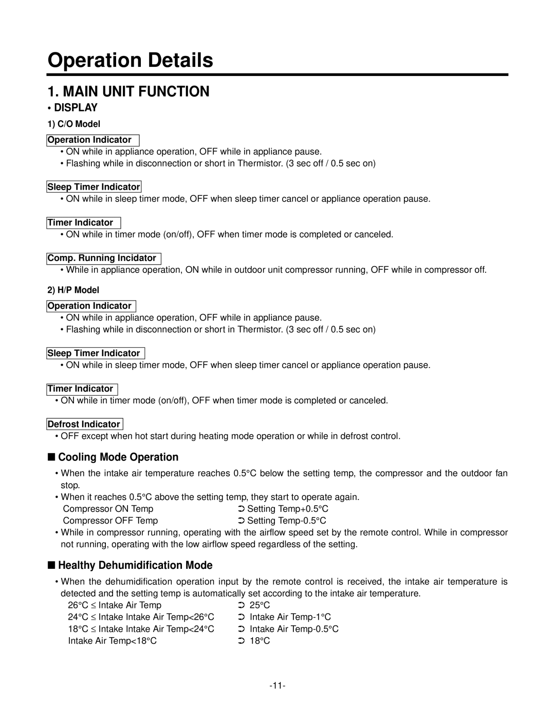 LG Electronics LSC183VMA service manual Operation Details, Cooling Mode Operation, Healthy Dehumidification Mode 