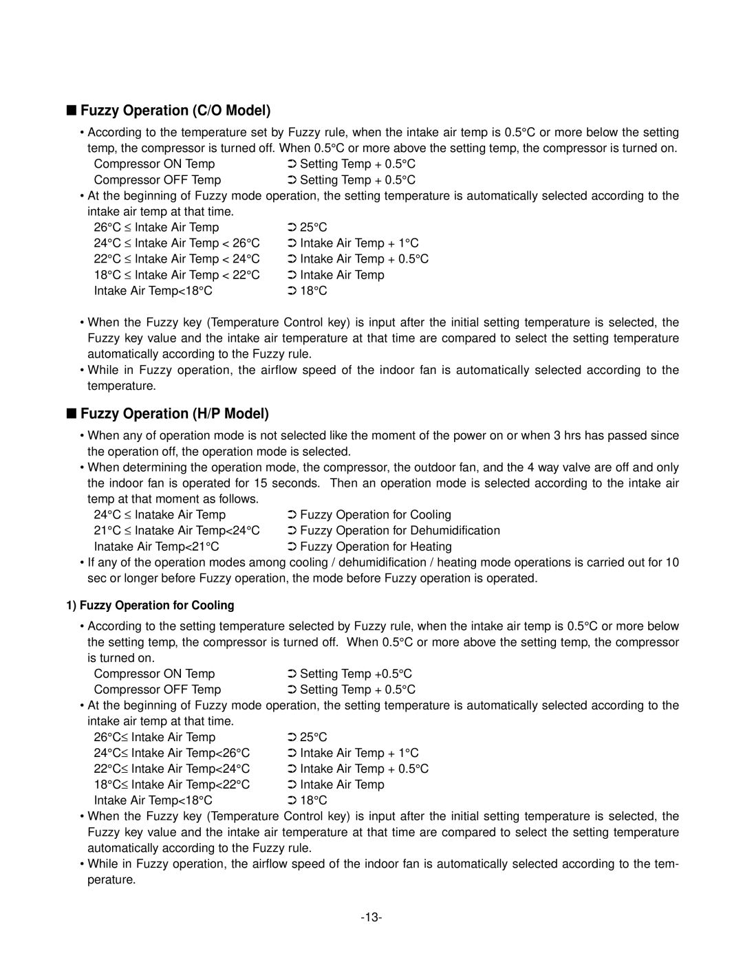 LG Electronics LSC183VMA service manual Fuzzy Operation C/O Model, Fuzzy Operation H/P Model, Fuzzy Operation for Cooling 