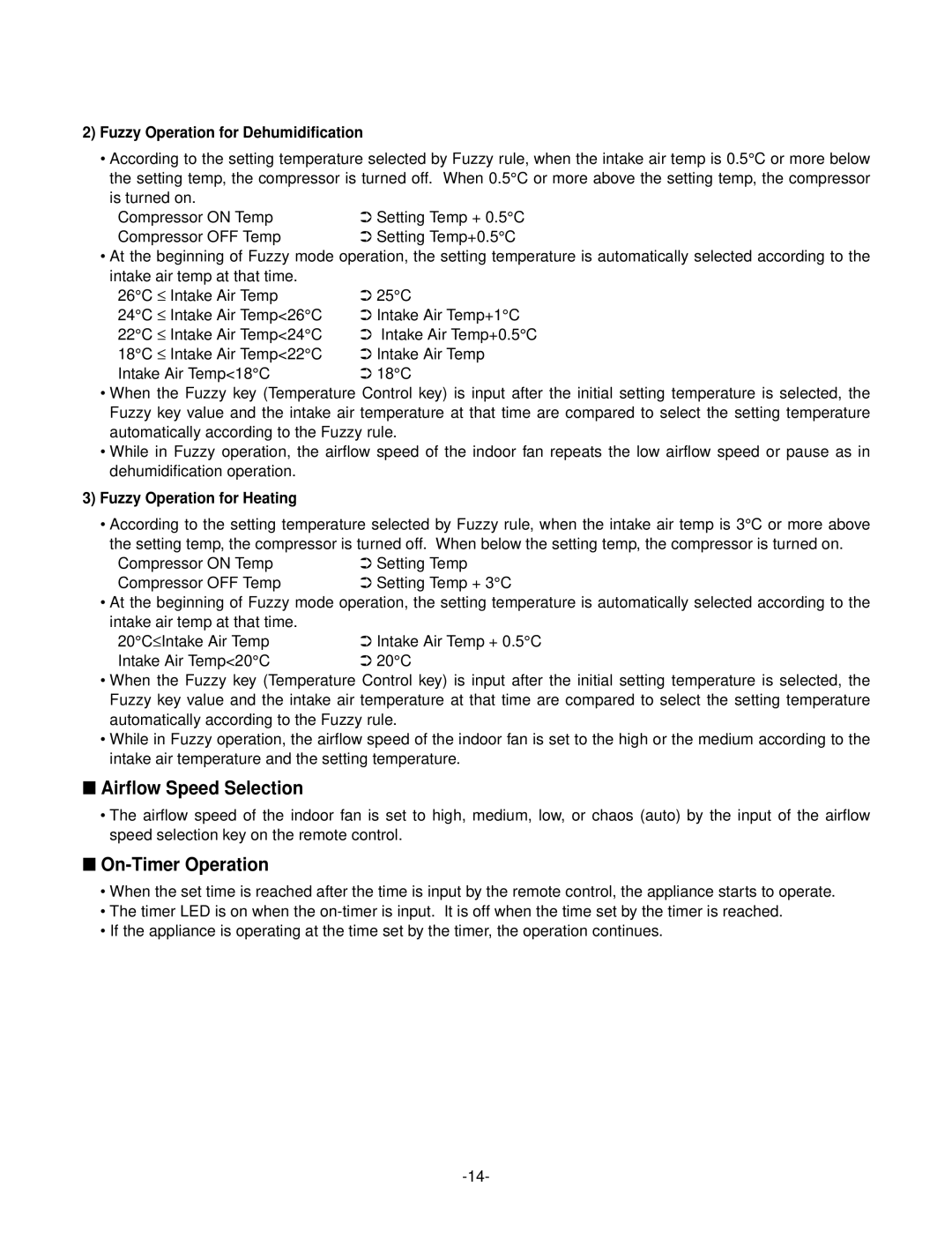 LG Electronics LSC183VMA service manual Airflow Speed Selection, On-Timer Operation, Fuzzy Operation for Dehumidification 