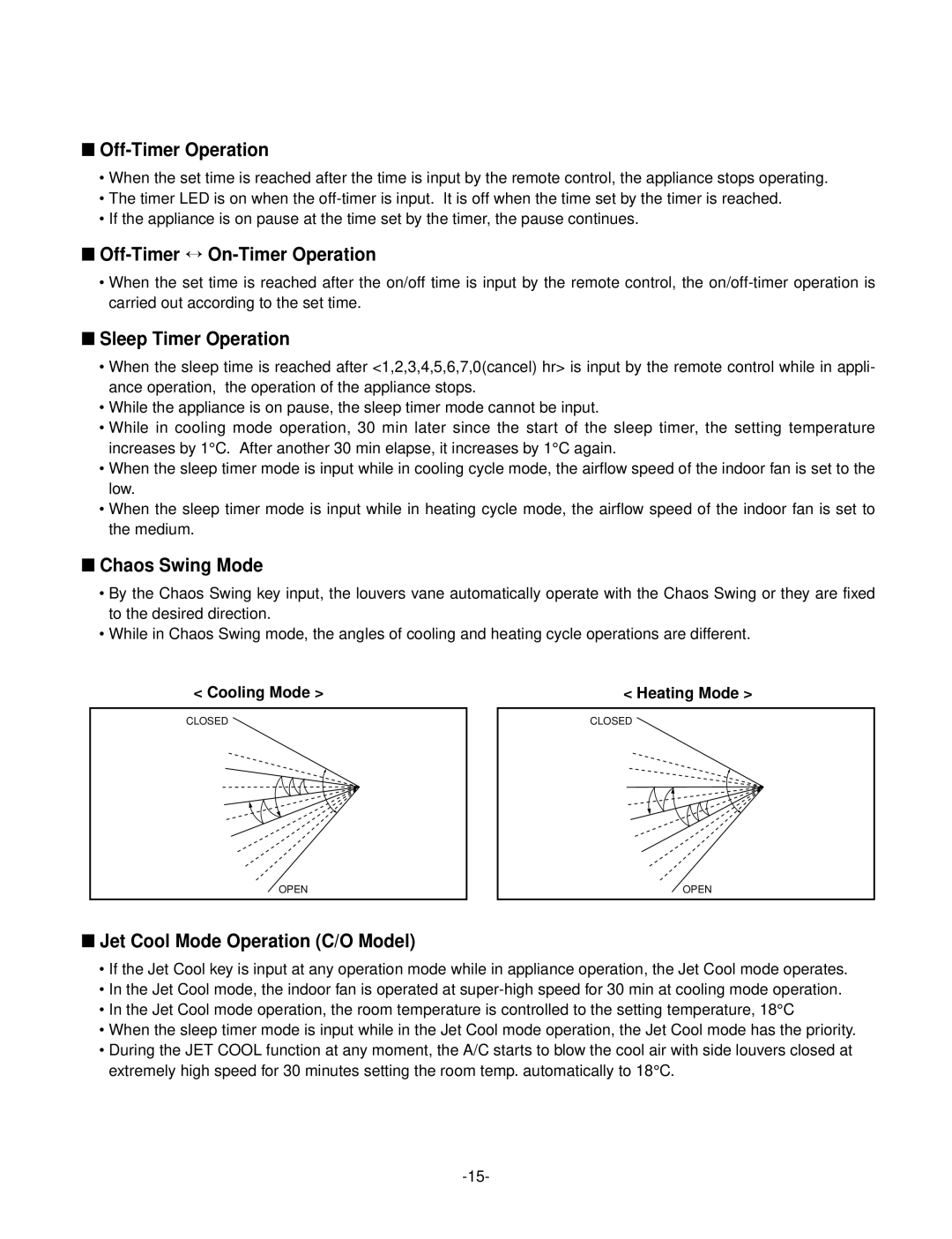 LG Electronics LSC183VMA Off-Timer Operation, Off-Timer ↔ On-Timer Operation, Sleep Timer Operation, Chaos Swing Mode 