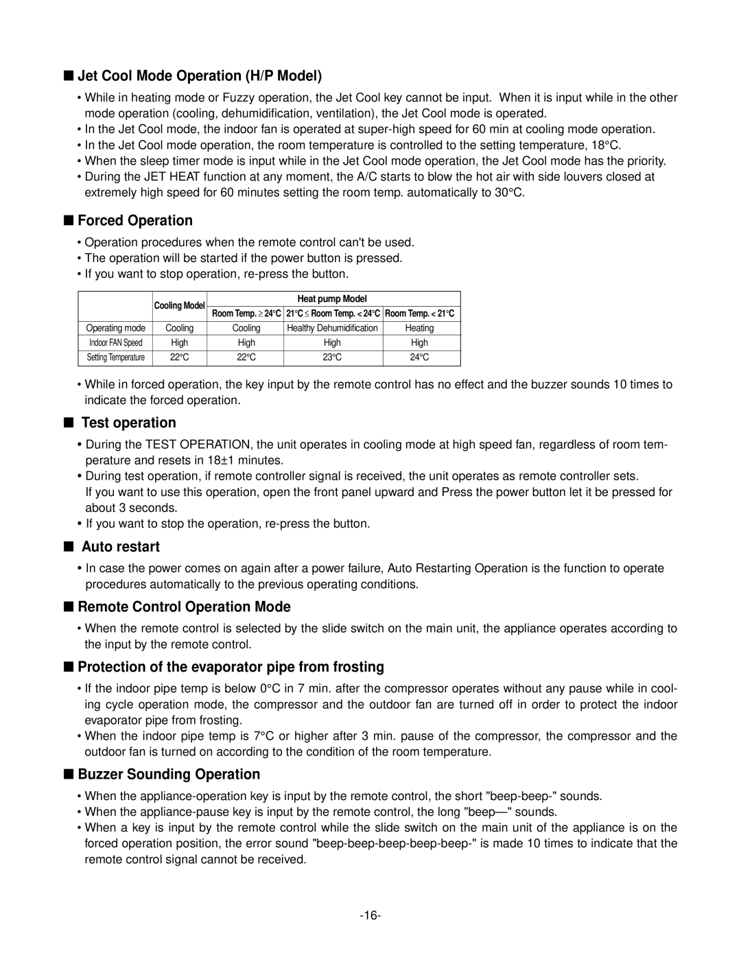 LG Electronics LSC183VMA service manual Jet Cool Mode Operation H/P Model, Forced Operation, Test operation, Auto restart 