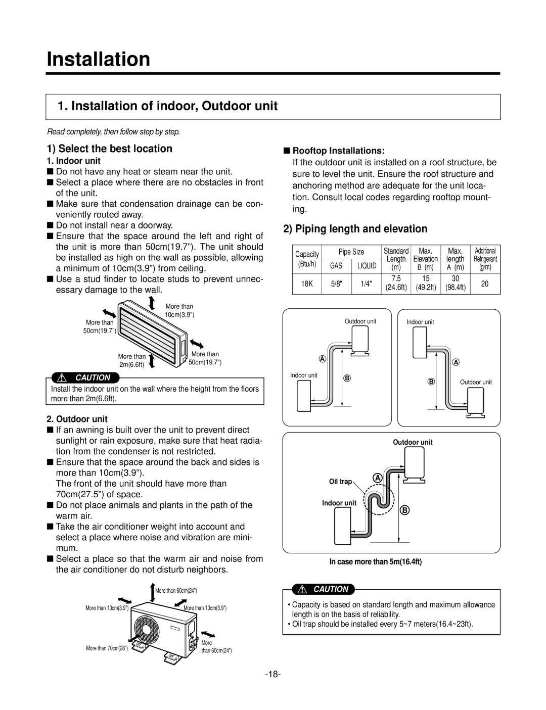 LG Electronics LSC183VMA Installation of indoor, Outdoor unit, Select the best location, Piping length and elevation 