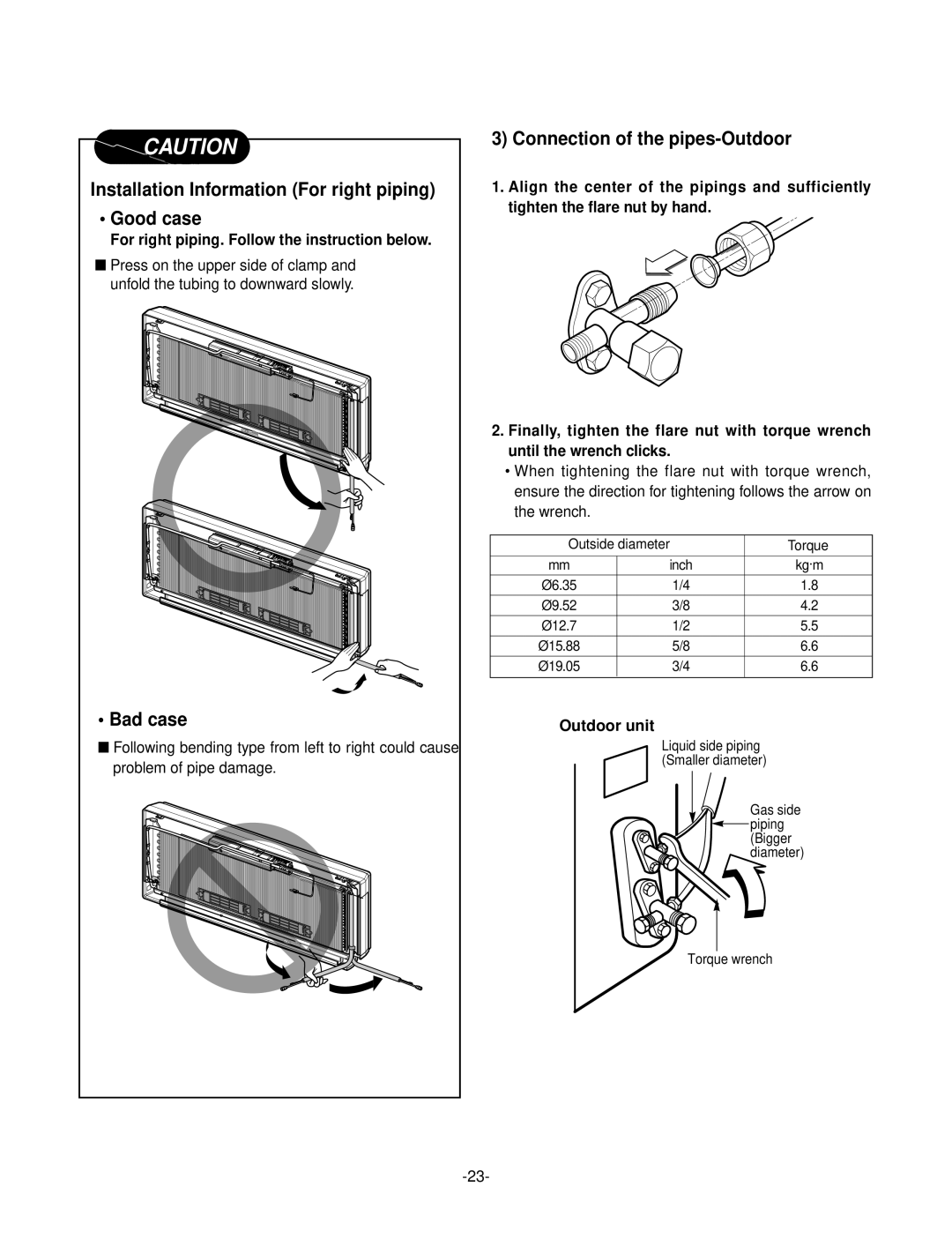 LG Electronics LSC183VMA Installation Information For right piping Good case, Bad case, Connection of the pipes-Outdoor 