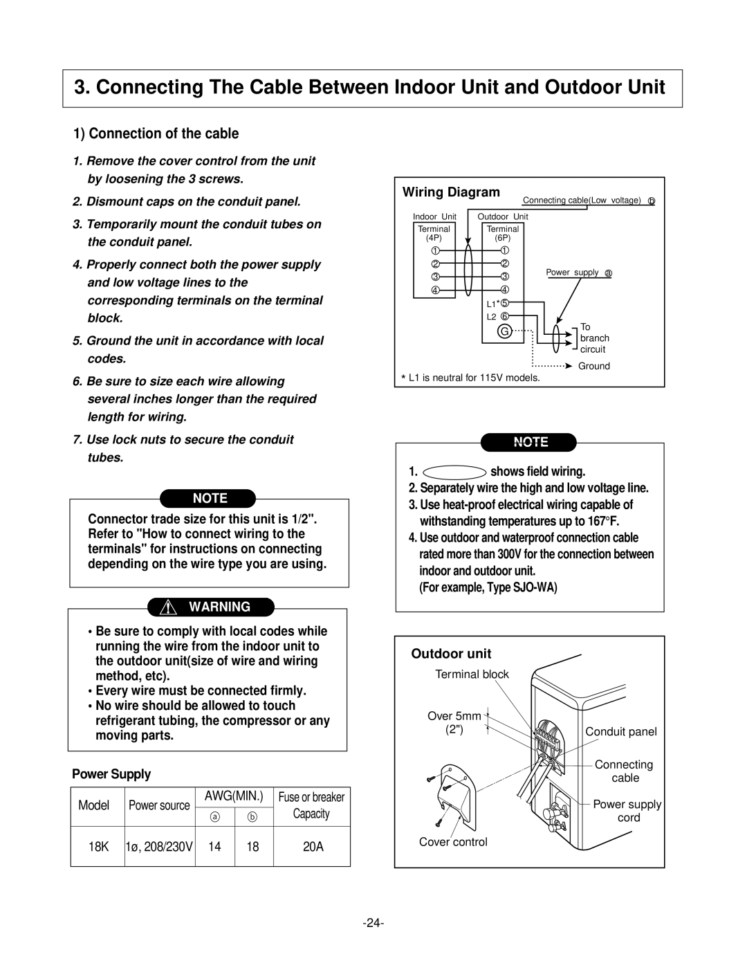 LG Electronics LSC183VMA service manual Connecting The Cable Between Indoor Unit and Outdoor Unit, Connection of the cable 