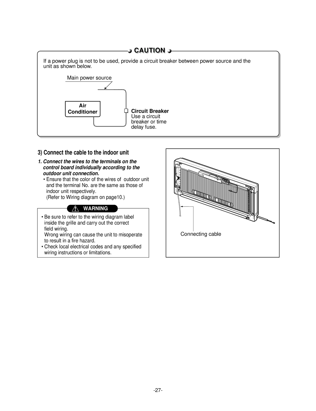 LG Electronics LSC183VMA Connect the cable to the indoor unit, Circuit Breaker Use a circuit breaker or time delay fuse 