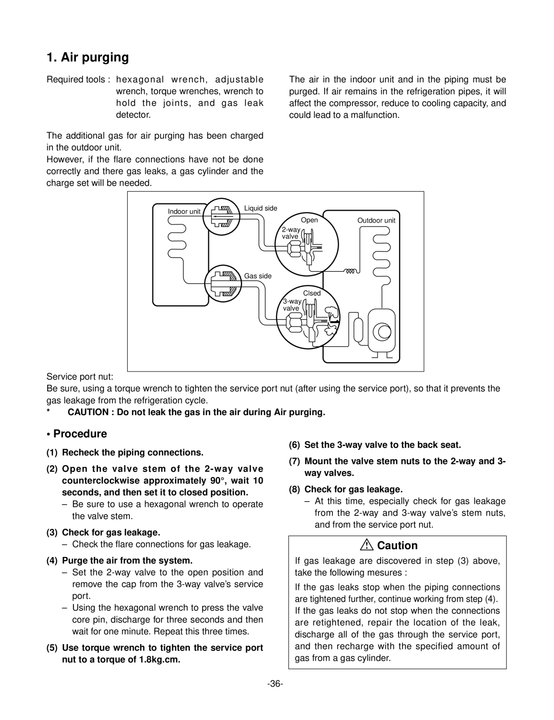 LG Electronics LSC183VMA service manual Air purging, Procedure, Check for gas leakage, Purge the air from the system 