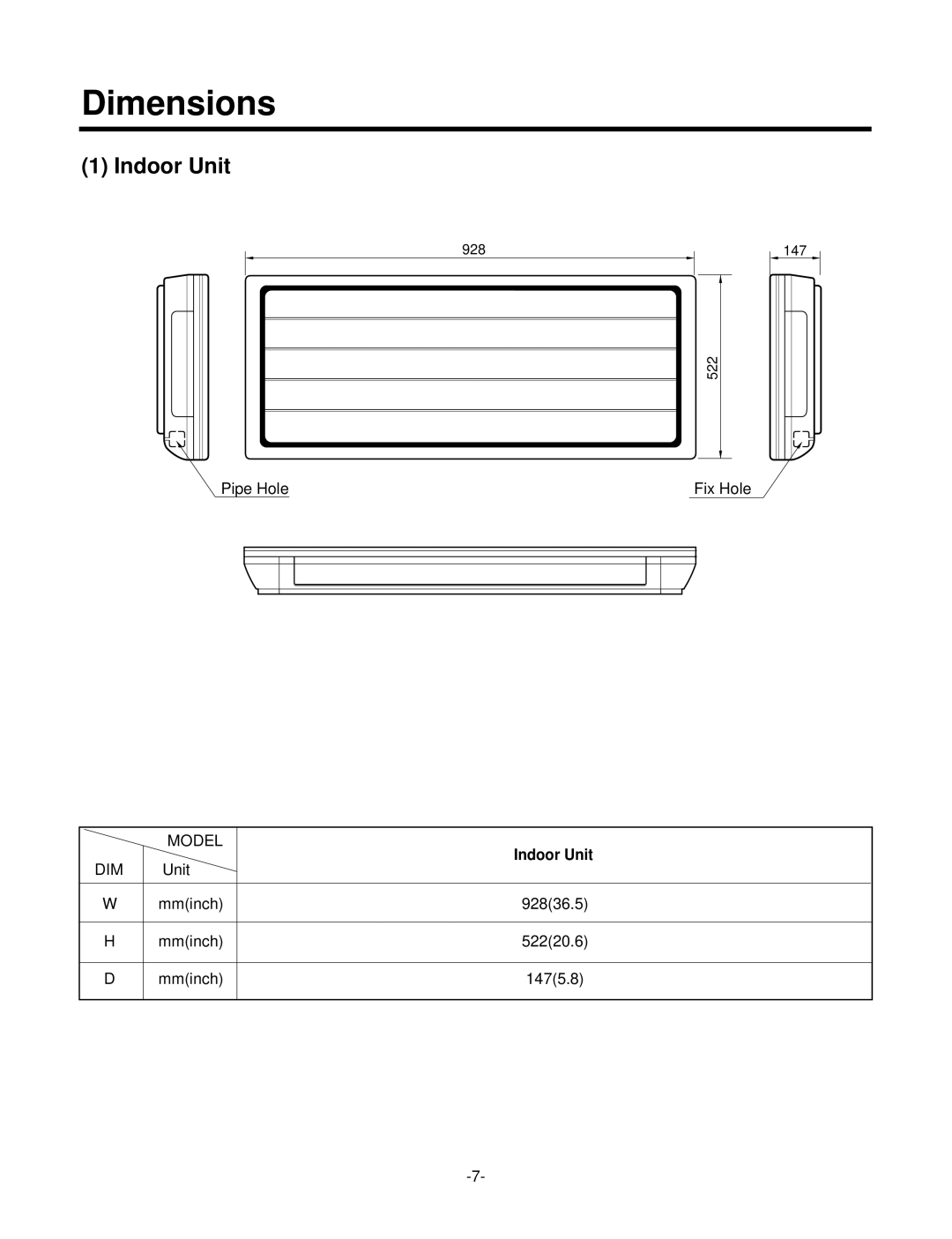 LG Electronics LSC183VMA service manual Dimensions, Indoor Unit 