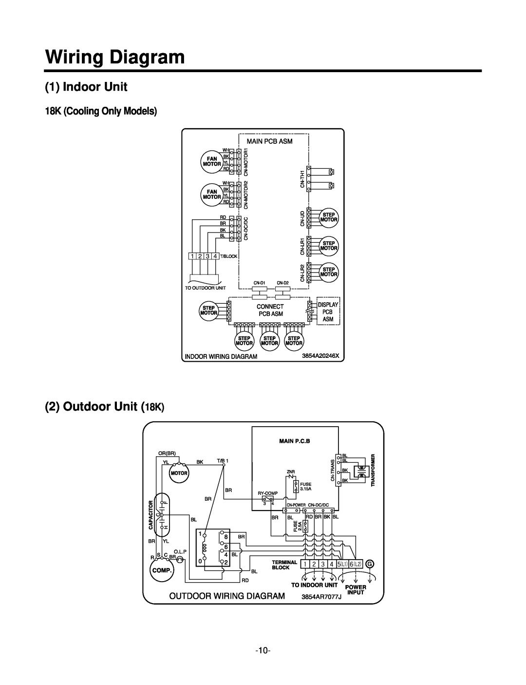 LG Electronics LSC183VMA service manual Wiring Diagram, 18K Cooling Only Models, Indoor Unit, Outdoor Unit 18K 