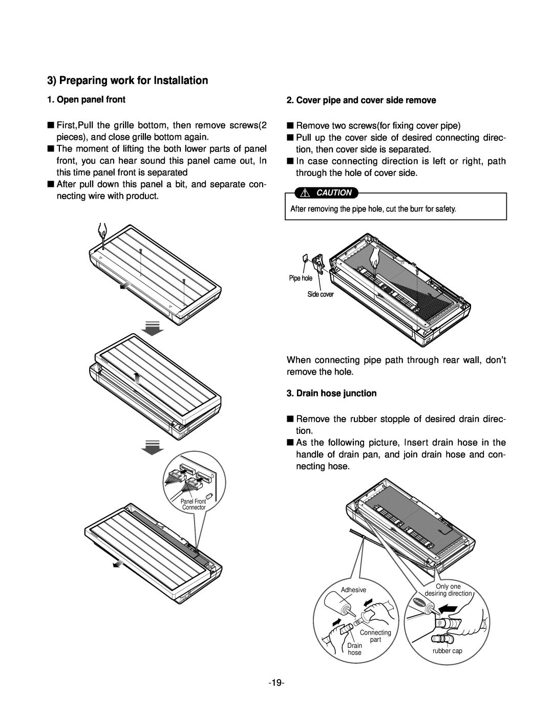 LG Electronics LSC183VMA service manual Preparing work for Installation, Open panel front, Cover pipe and cover side remove 