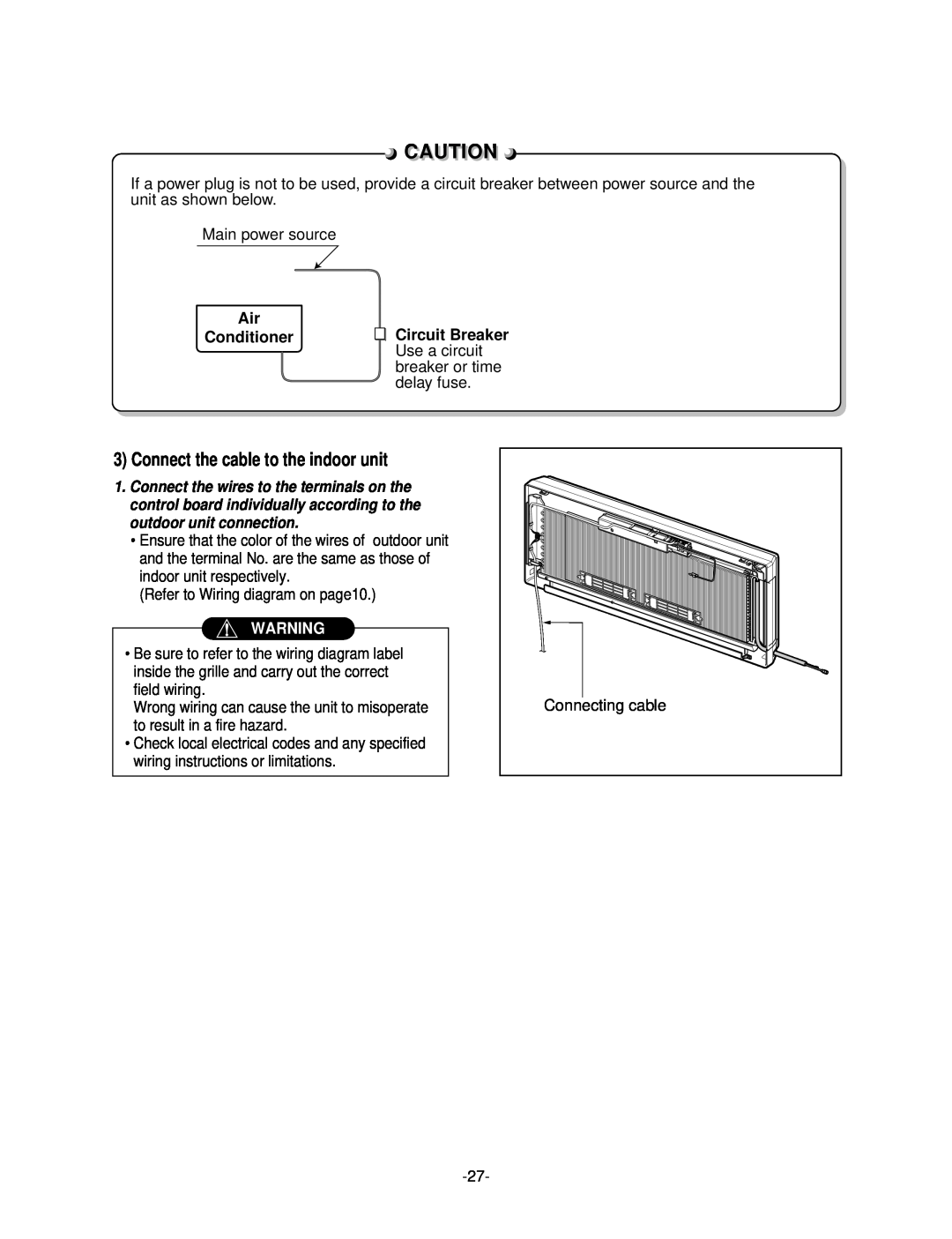 LG Electronics LSC183VMA service manual Connect the cable to the indoor unit, Air Conditioner, Cautioni 