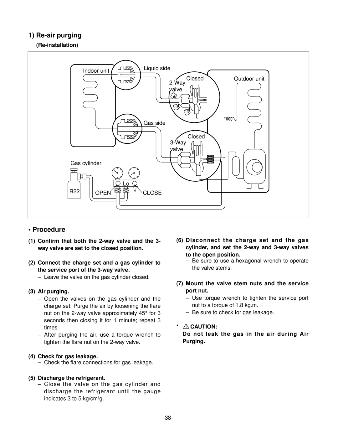 LG Electronics LSC183VMA service manual Re-air purging, Procedure, Re-installation, Air purging, Check for gas leakage 