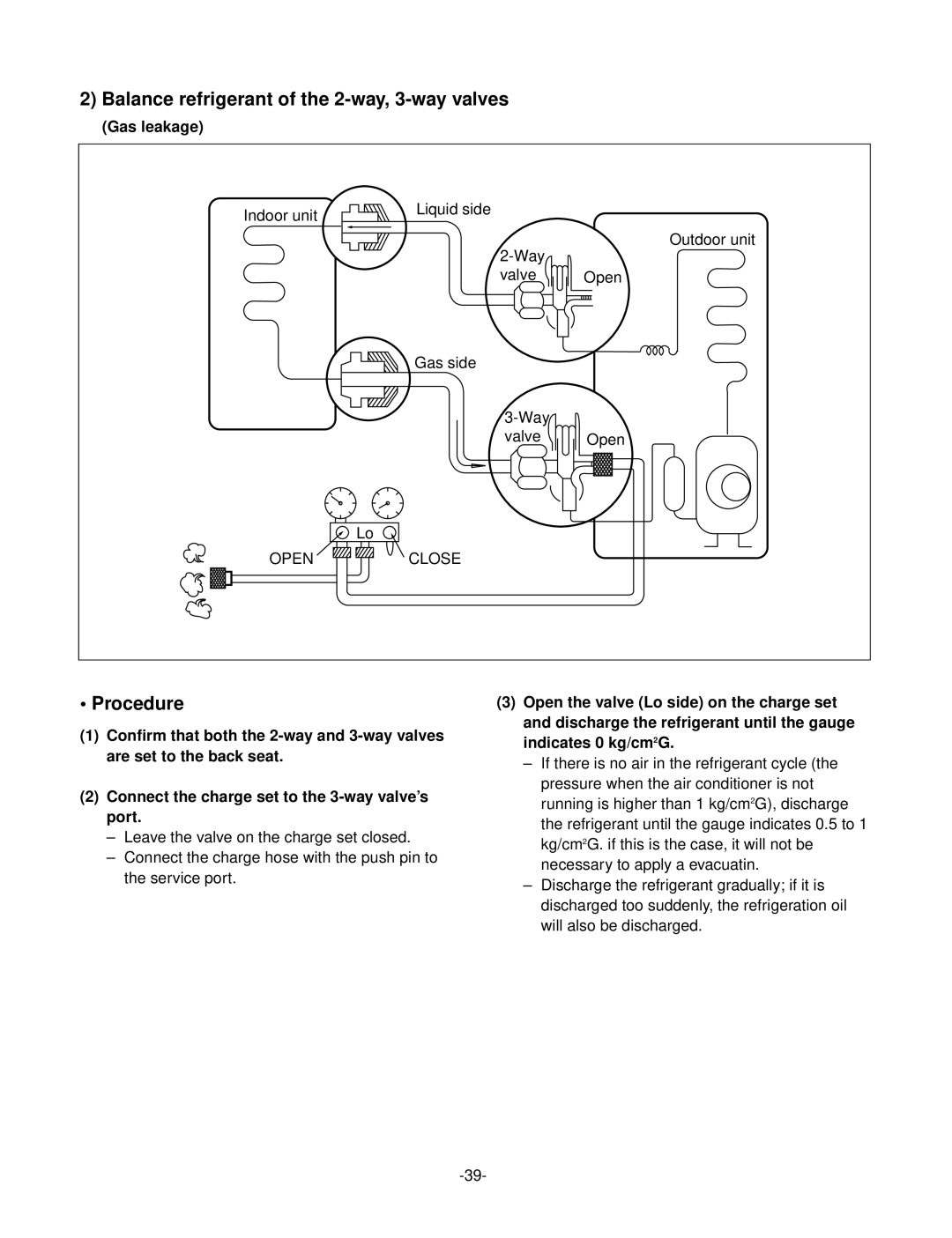LG Electronics LSC183VMA service manual Balance refrigerant of the 2-way, 3-way valves, Procedure, Gas leakage 