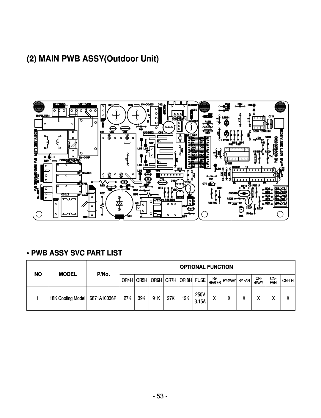 LG Electronics LSC183VMA service manual MAIN PWB ASSYOutdoor Unit, Pwb Assy Svc Part List, Optional Function 