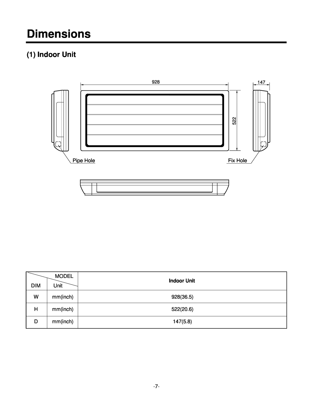 LG Electronics LSC183VMA service manual Dimensions, Indoor Unit 
