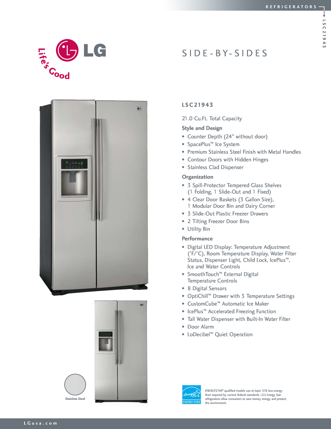 LG Electronics LSC21943 manual L S C, S I D E - B Y- S I D E S, Style and Design, Organization, Performance 
