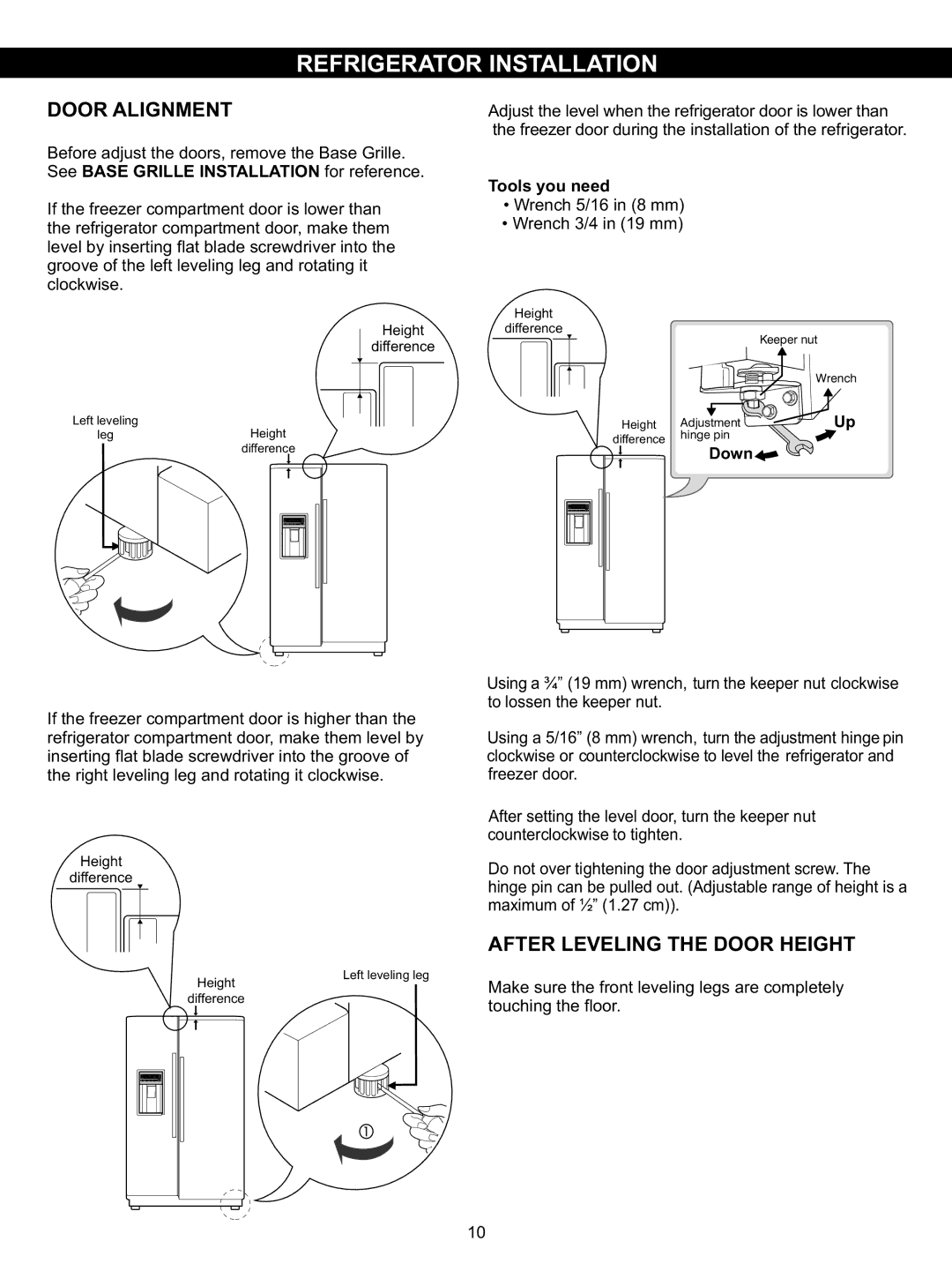 LG Electronics LSC23924ST, LSC23924SB owner manual Door Alignment, After Leveling the Door Height, Tools you need, Down 