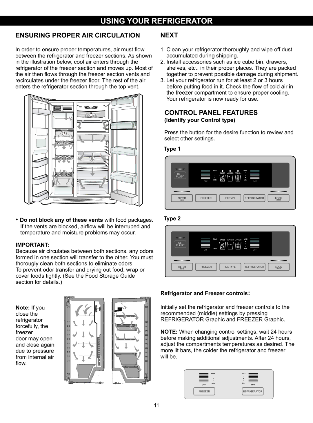 LG Electronics LSC23924SB Using Your Refrigerator, Ensuring Proper AIR Circulation, Control Panel Features, Next 