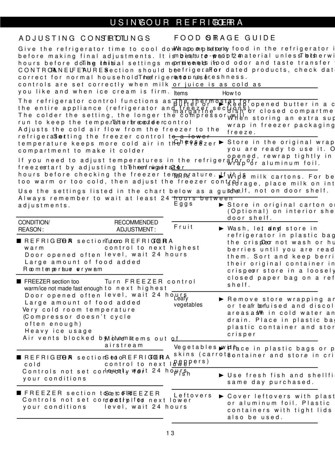 LG Electronics LSC23924SB Adjusting Control Settings, Food Storage Guide, Condition Recommended Reason Adjustment 