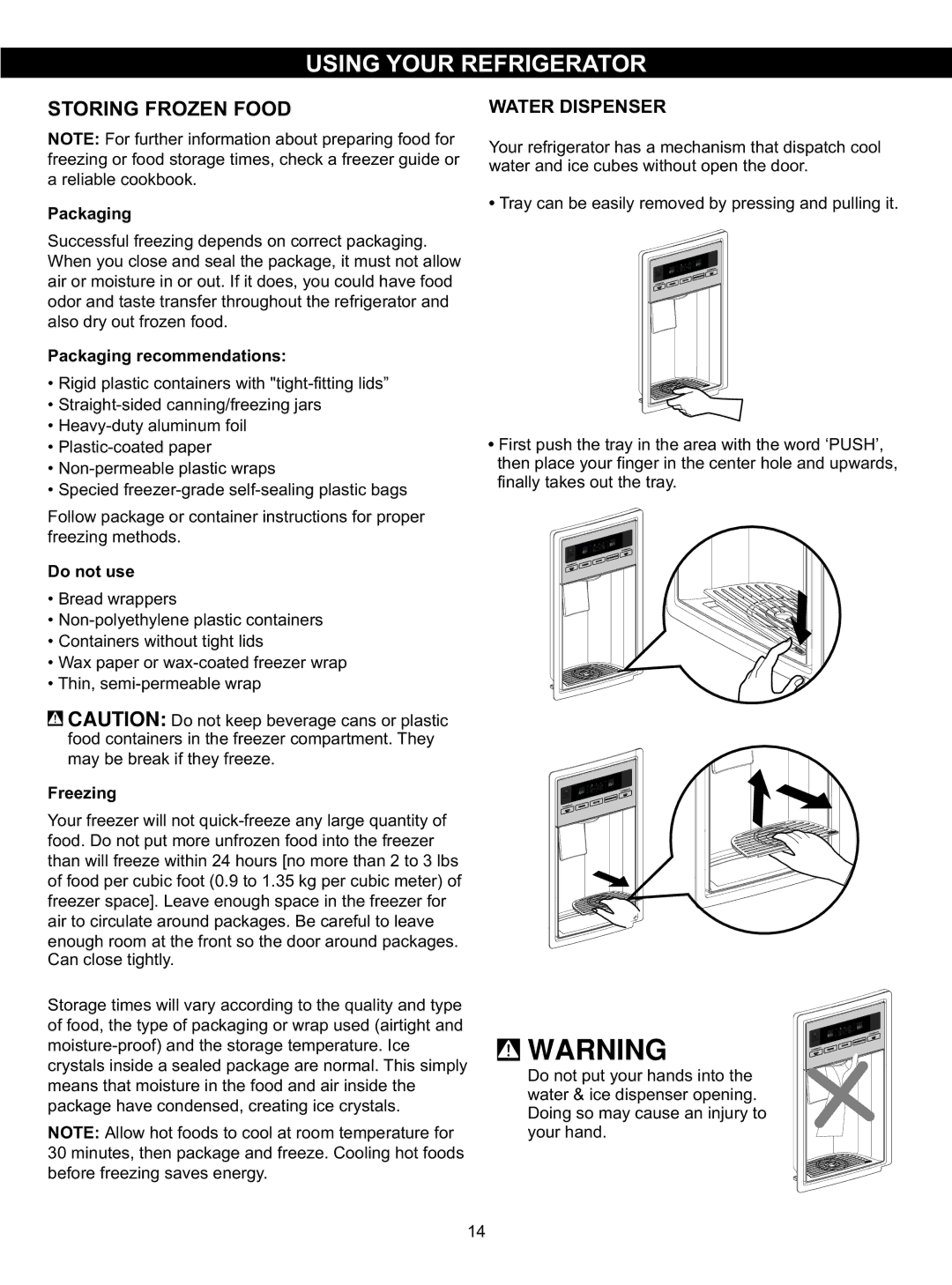 LG Electronics LSC23924ST, LSC23924SB owner manual Storing Frozen Food, Water Dispenser 