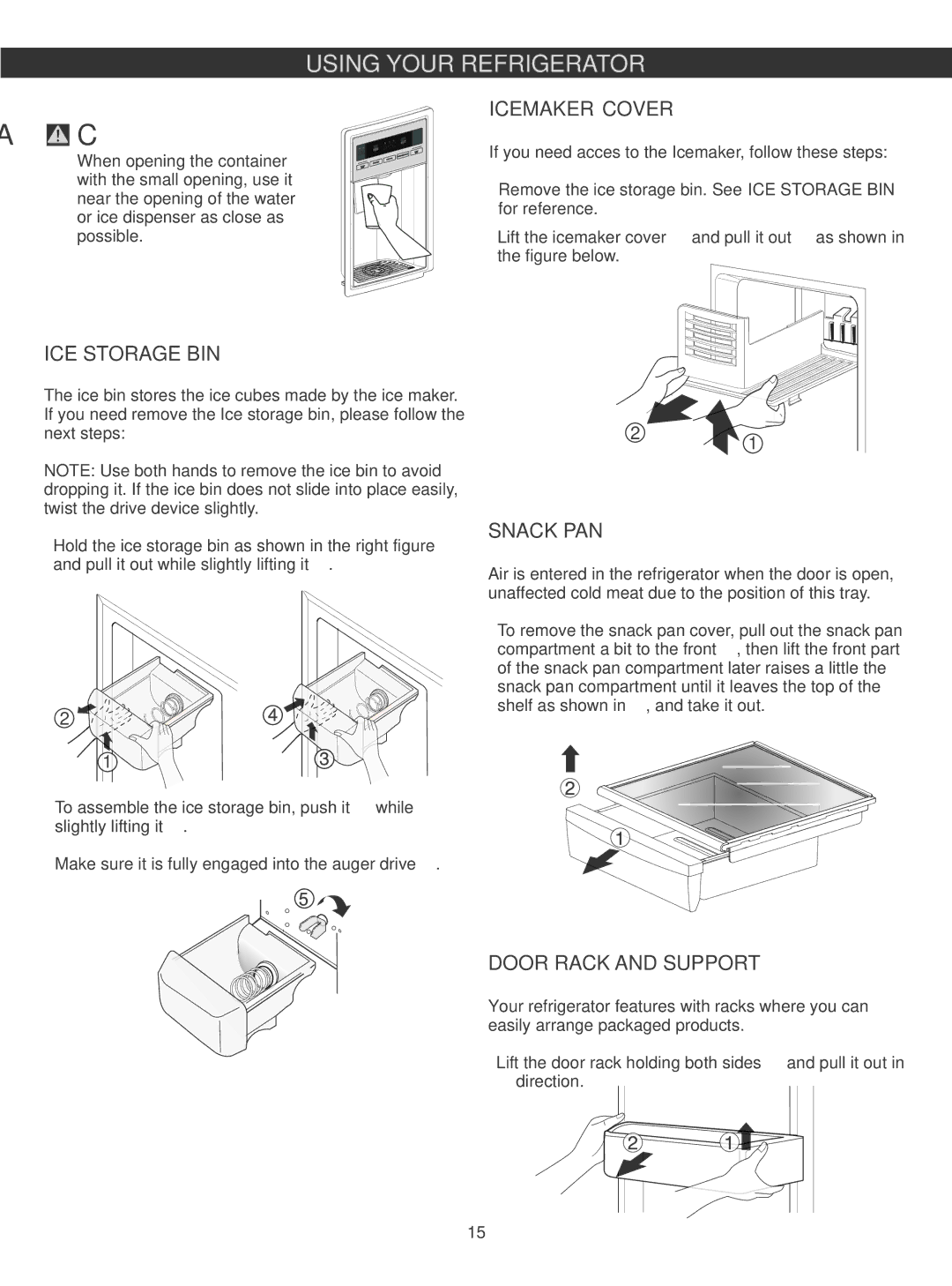 LG Electronics LSC23924SB, LSC23924ST owner manual Icemaker Cover, ICE Storage BIN, Snack PAN 