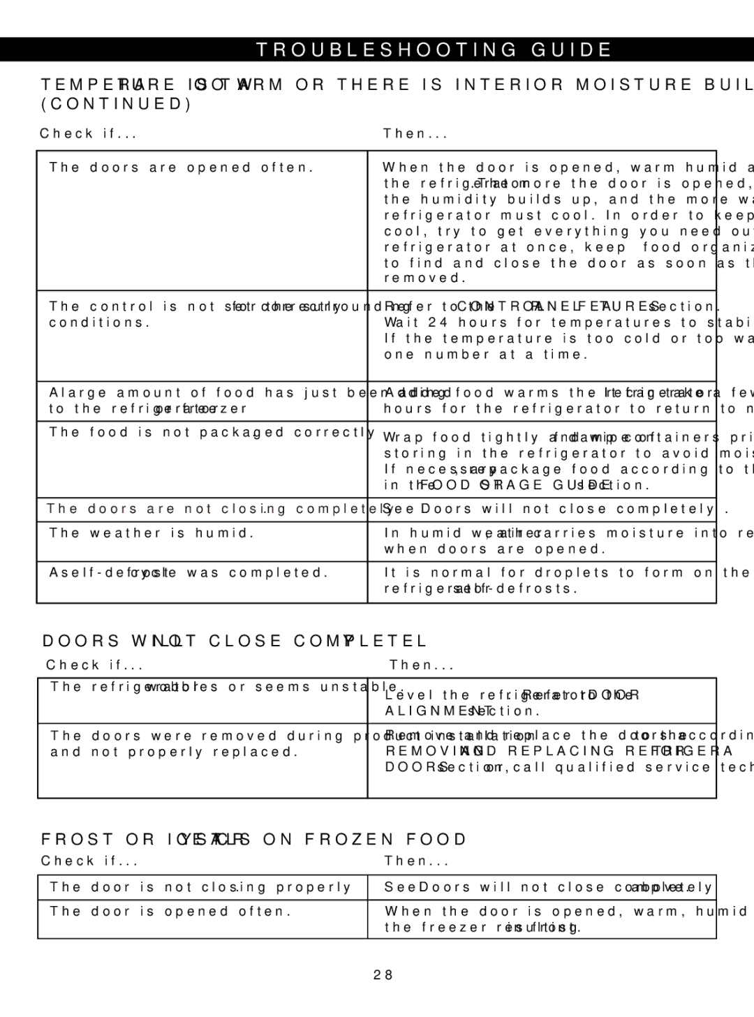 LG Electronics LSC23924ST, LSC23924SB owner manual Frost or ICE Crystals on Frozen Food, Removing and Replacing Refrigerator 