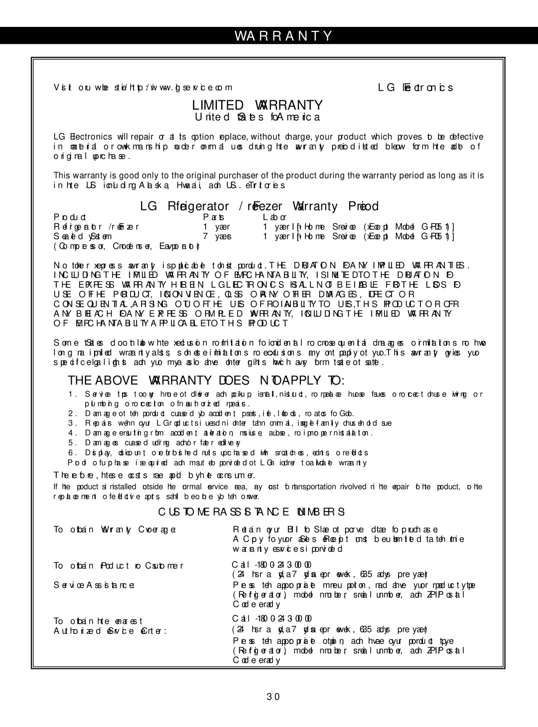 LG Electronics LSC23924ST, LSC23924SB owner manual Warranty, Customer Assistance Numbers 