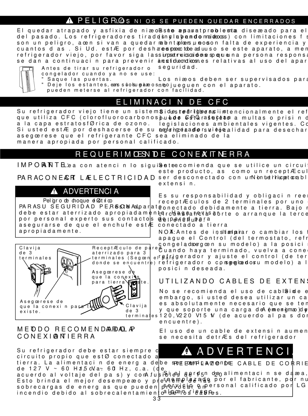 LG Electronics LSC23924SB, LSC23924ST owner manual Eliminación DE CFC, Requerimientos DE Conexión a Tierra, Advertencia 