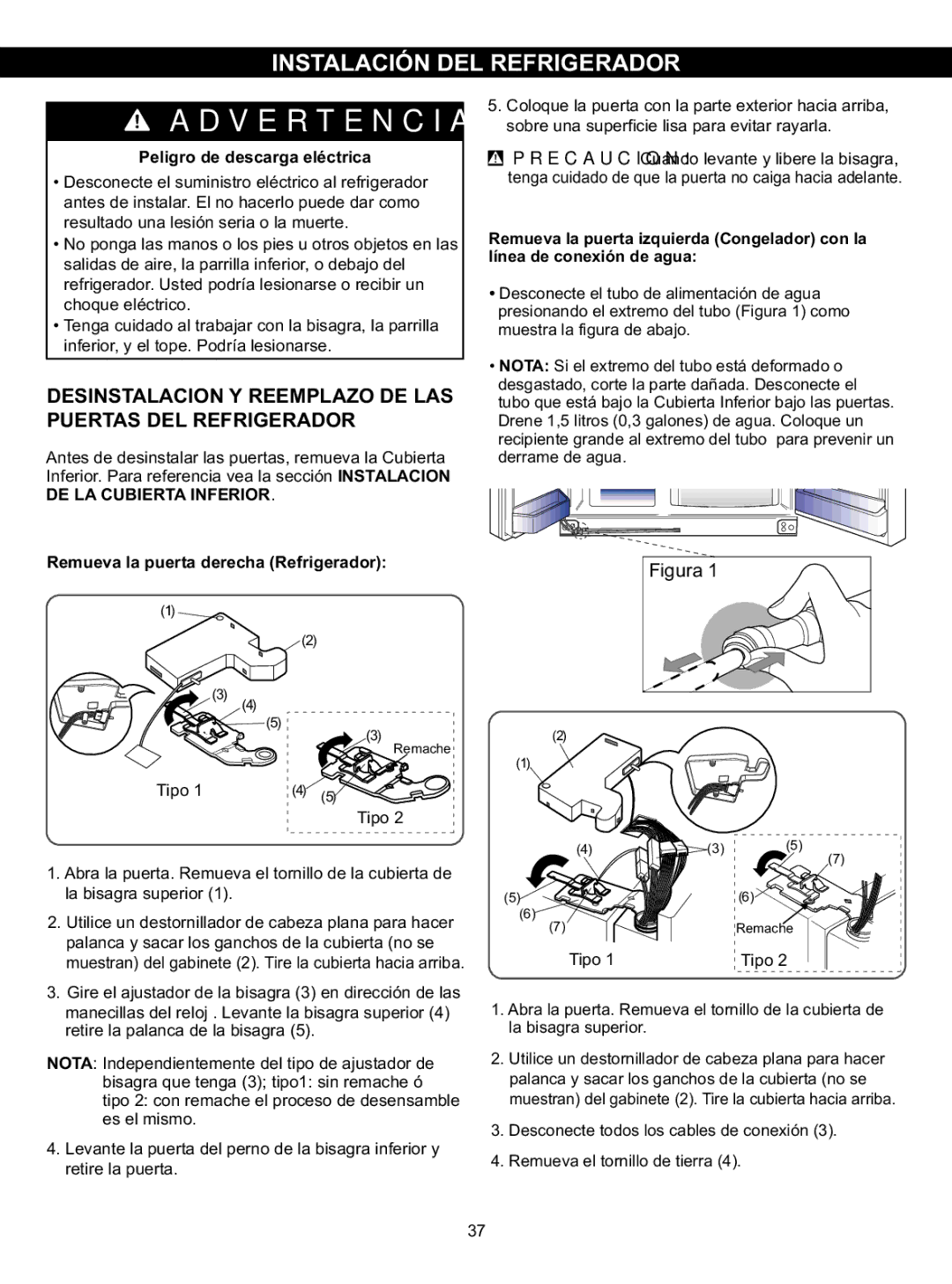 LG Electronics LSC23924SB Desinstalacion Y Reemplazo DE LAS Puertas DEL Refrigerador, Peligro de descarga eléctrica 