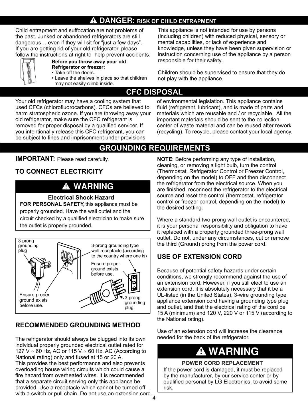 LG Electronics LSC23924ST, LSC23924SB CFC Disposal, Grounding Requirements, To Connect Electricity, USE of Extension Cord 