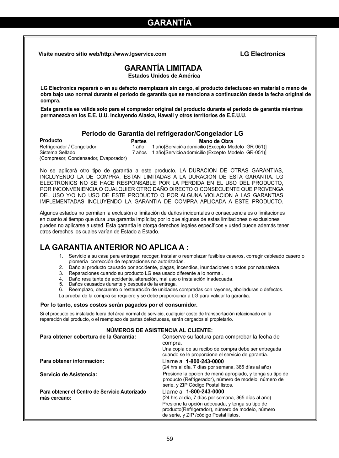 LG Electronics LSC23924SB, LSC23924ST owner manual Garantía Limitada 