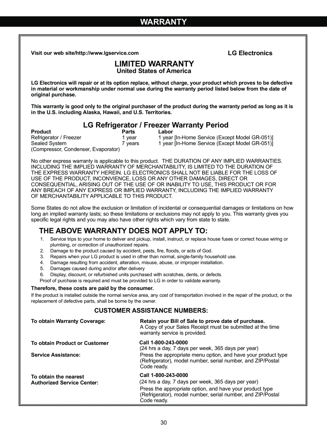 LG Electronics LSC23924ST Limited Warranty, LG Refrigerator / Freezer Warranty Period, United States of America 