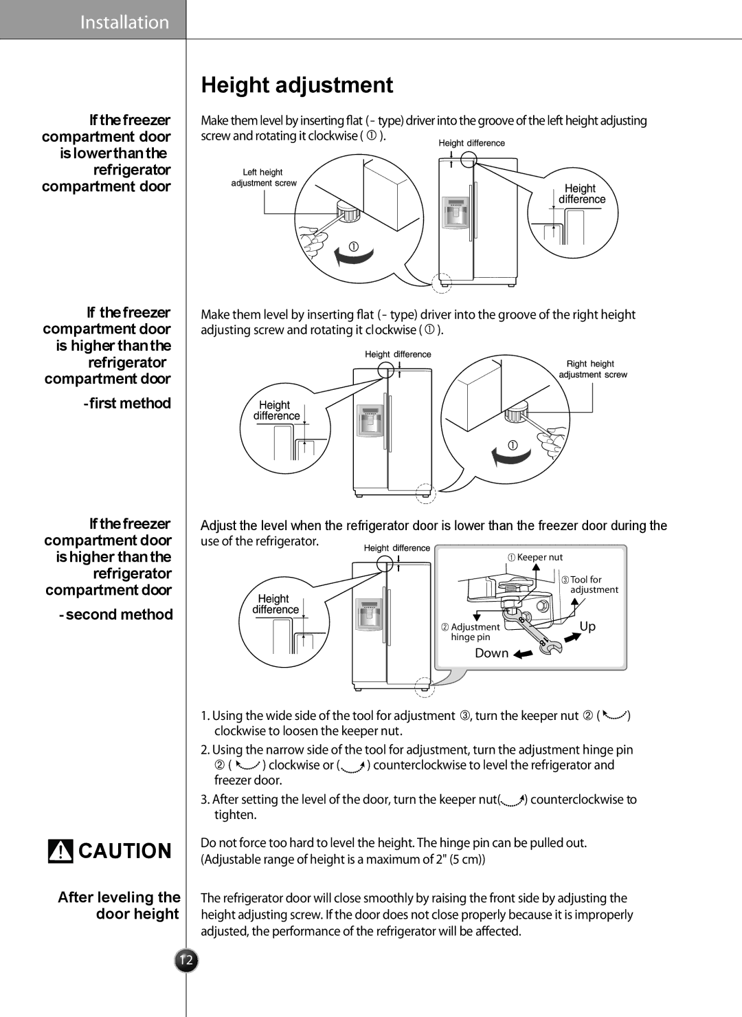 LG Electronics LSC26905 owner manual Height adjustment, After leveling the door height, Down 