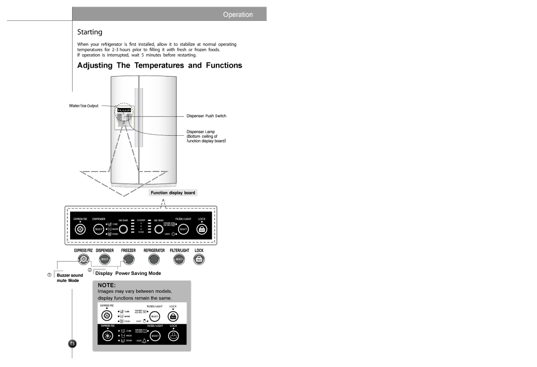 LG Electronics LSC26905 owner manual Starting, Adjusting The Temperatures and Functions, Display Power Saving Mode 